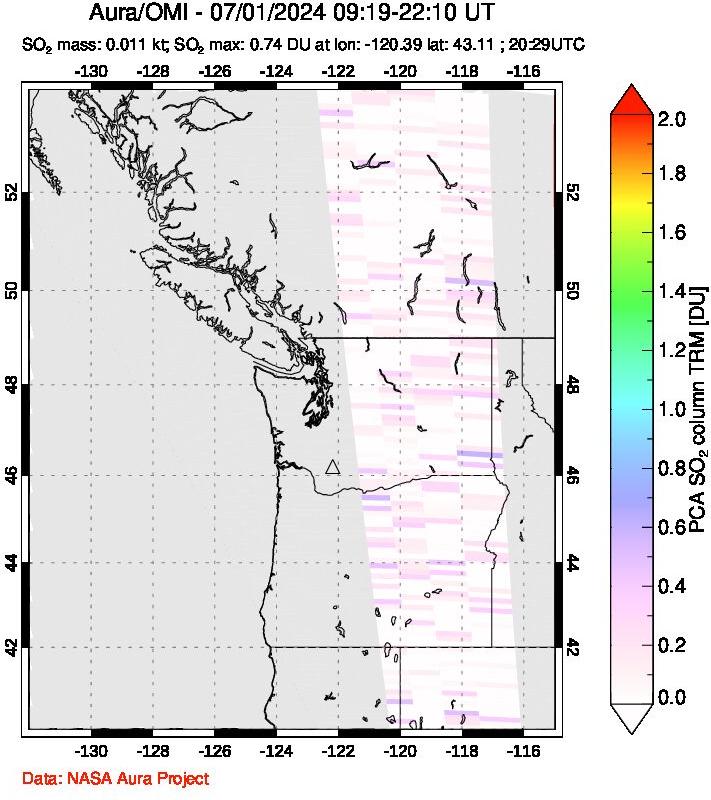 A sulfur dioxide image over Cascade Range, USA on Jul 01, 2024.