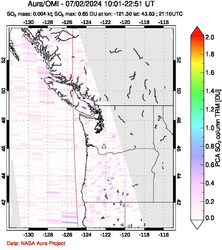 A sulfur dioxide image over Cascade Range, USA on Jul 02, 2024.