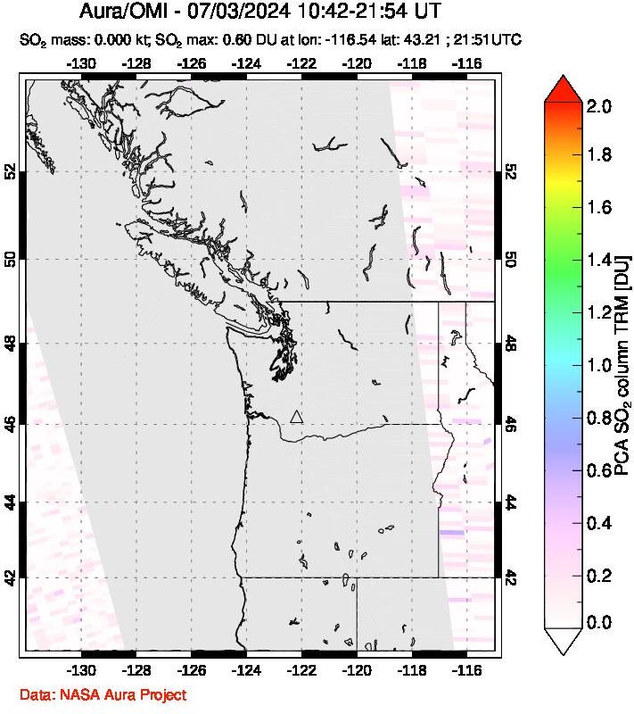 A sulfur dioxide image over Cascade Range, USA on Jul 03, 2024.