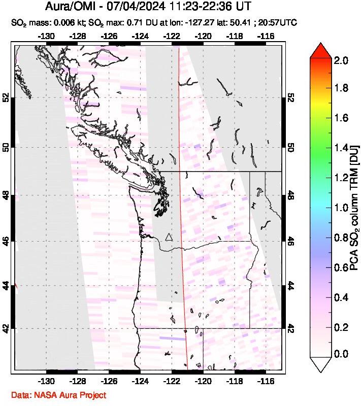 A sulfur dioxide image over Cascade Range, USA on Jul 04, 2024.