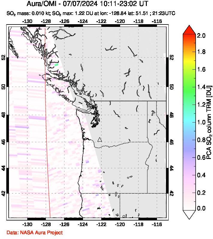 A sulfur dioxide image over Cascade Range, USA on Jul 07, 2024.