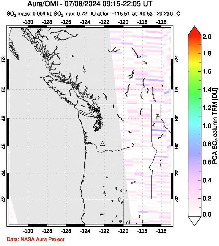 A sulfur dioxide image over Cascade Range, USA on Jul 08, 2024.