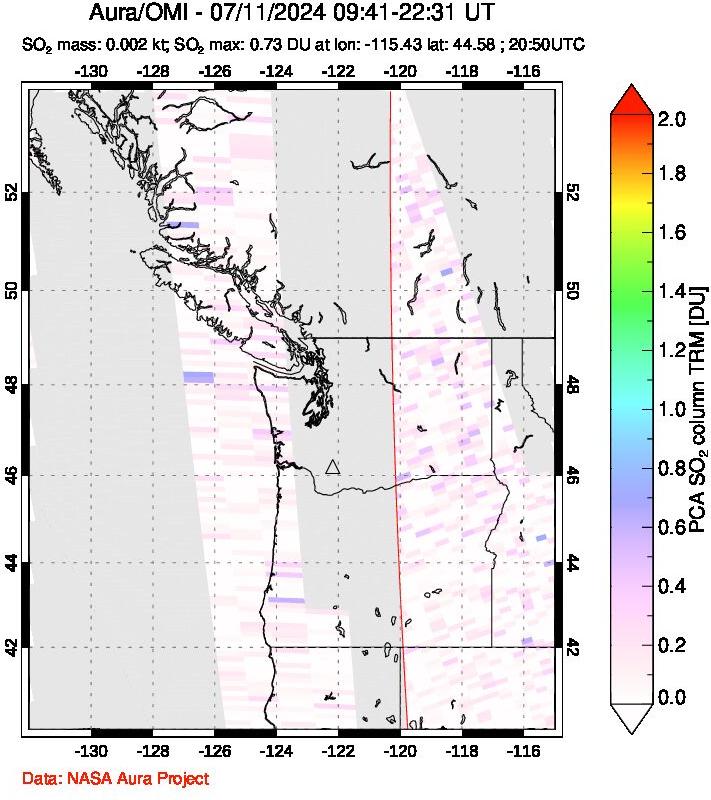 A sulfur dioxide image over Cascade Range, USA on Jul 11, 2024.