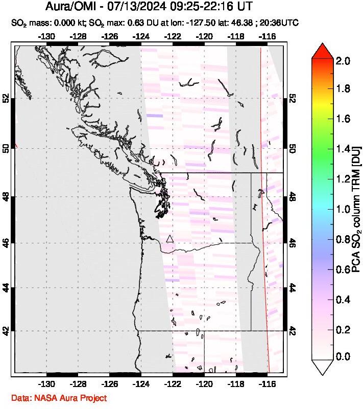 A sulfur dioxide image over Cascade Range, USA on Jul 13, 2024.