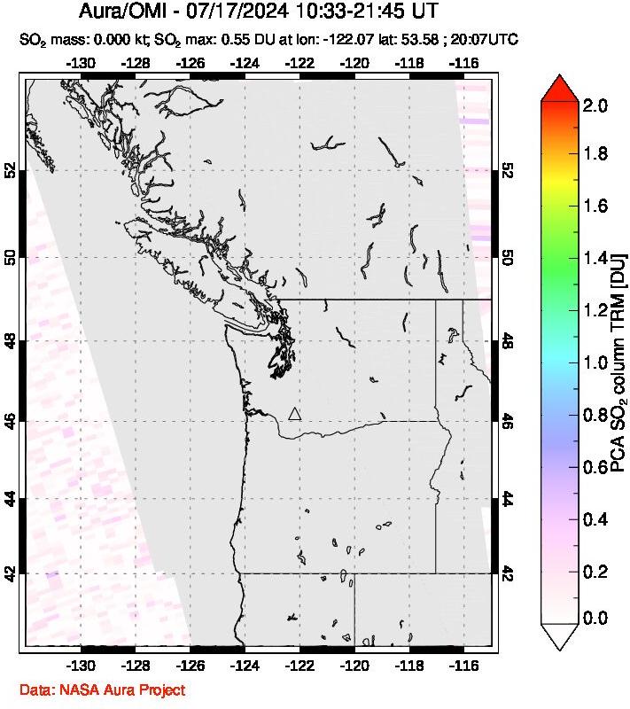 A sulfur dioxide image over Cascade Range, USA on Jul 17, 2024.