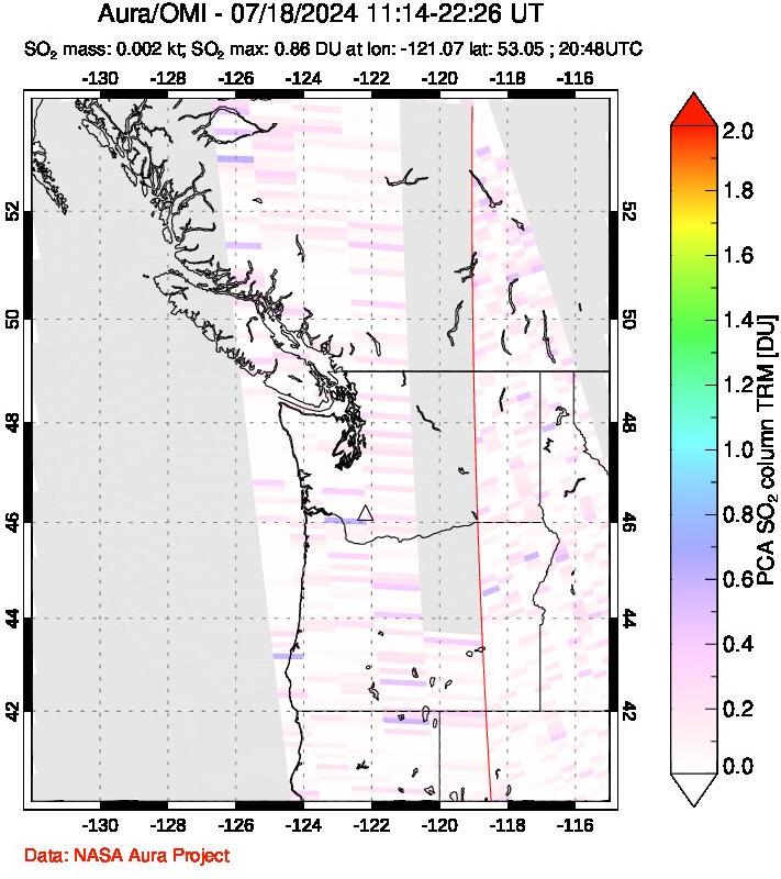 A sulfur dioxide image over Cascade Range, USA on Jul 18, 2024.