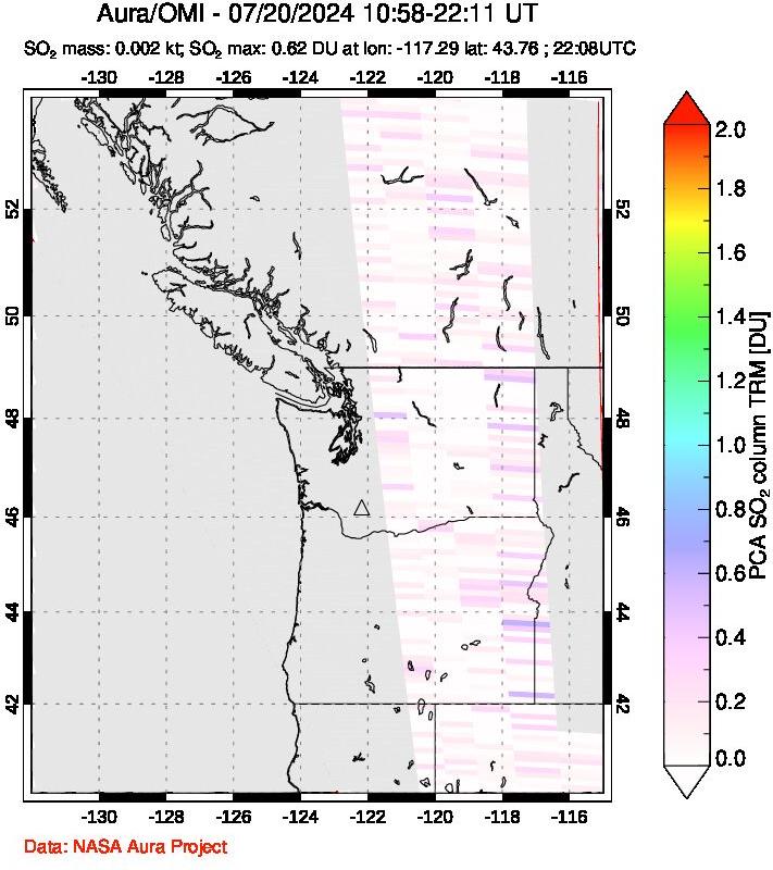 A sulfur dioxide image over Cascade Range, USA on Jul 20, 2024.