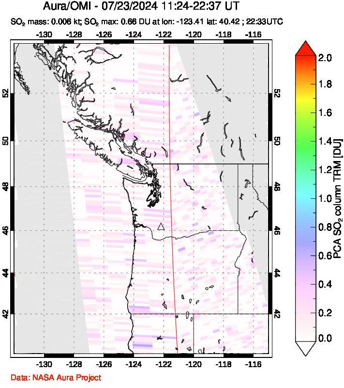 A sulfur dioxide image over Cascade Range, USA on Jul 23, 2024.