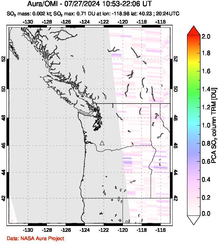 A sulfur dioxide image over Cascade Range, USA on Jul 27, 2024.