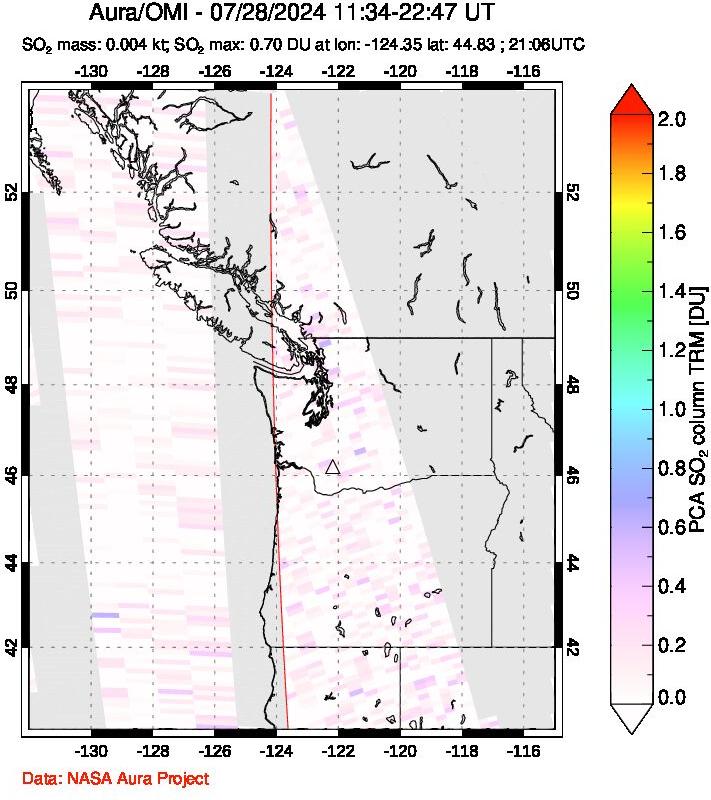 A sulfur dioxide image over Cascade Range, USA on Jul 28, 2024.