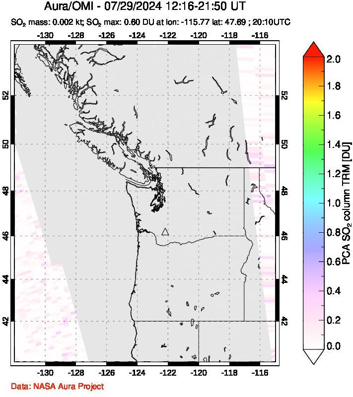 A sulfur dioxide image over Cascade Range, USA on Jul 29, 2024.