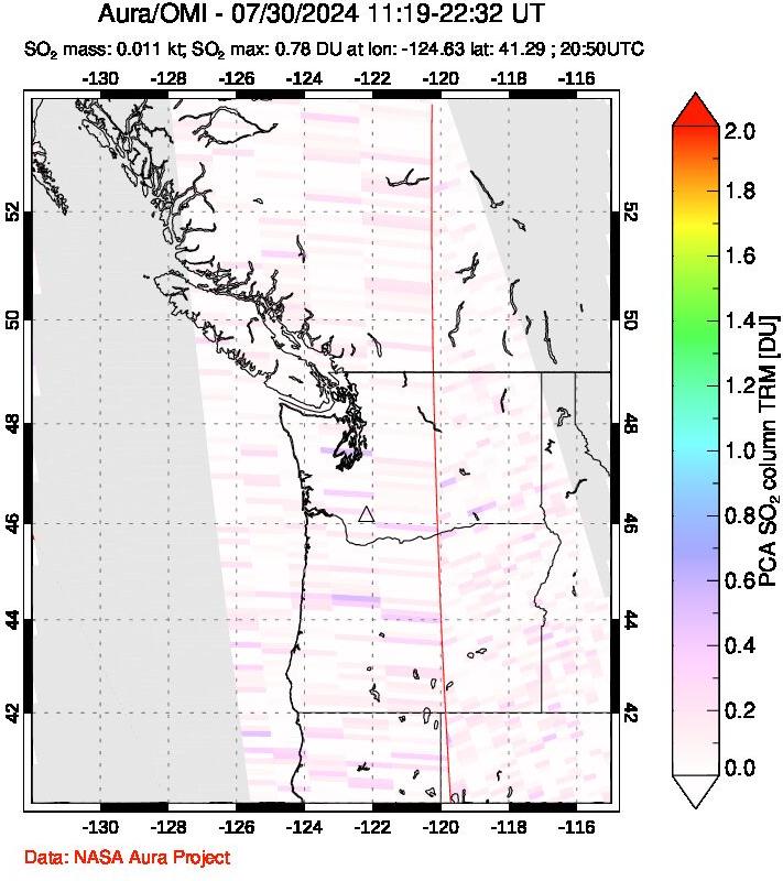 A sulfur dioxide image over Cascade Range, USA on Jul 30, 2024.