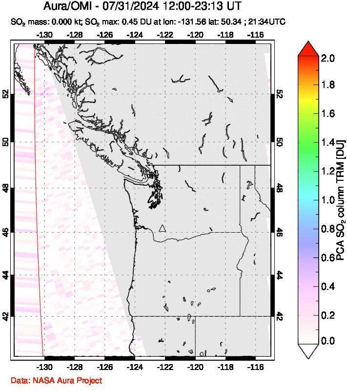 A sulfur dioxide image over Cascade Range, USA on Jul 31, 2024.