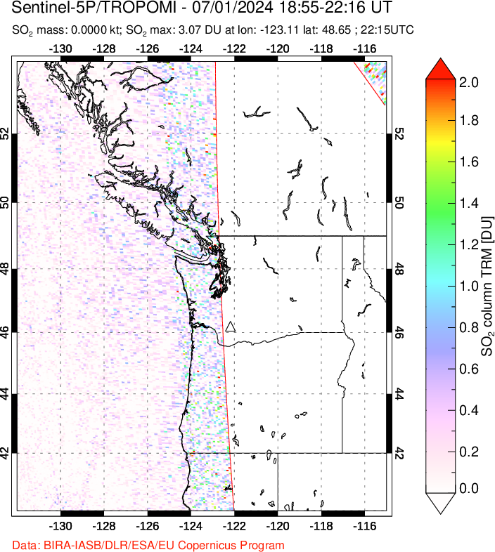 A sulfur dioxide image over Cascade Range, USA on Jul 01, 2024.