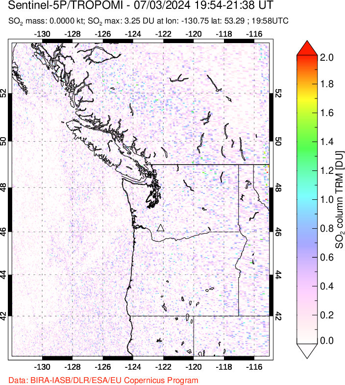 A sulfur dioxide image over Cascade Range, USA on Jul 03, 2024.