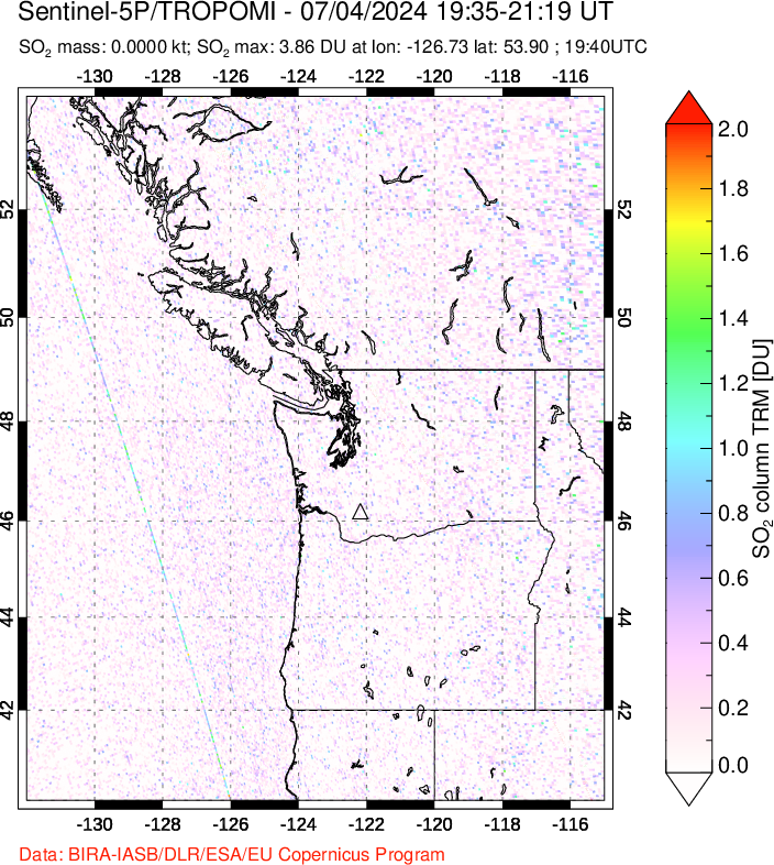 A sulfur dioxide image over Cascade Range, USA on Jul 04, 2024.