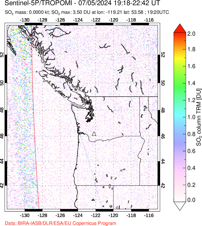 A sulfur dioxide image over Cascade Range, USA on Jul 05, 2024.