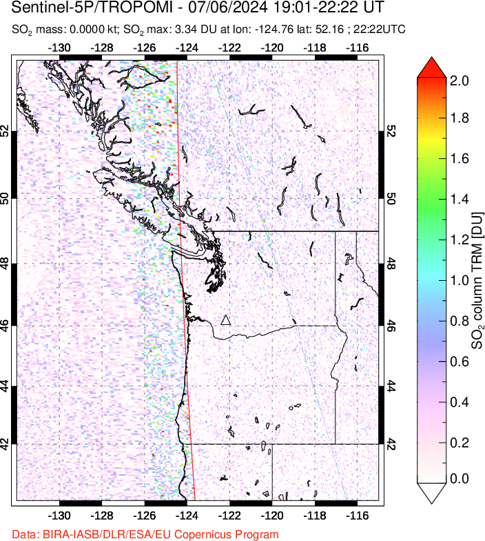 A sulfur dioxide image over Cascade Range, USA on Jul 06, 2024.