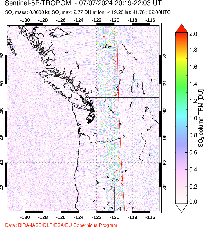 A sulfur dioxide image over Cascade Range, USA on Jul 07, 2024.