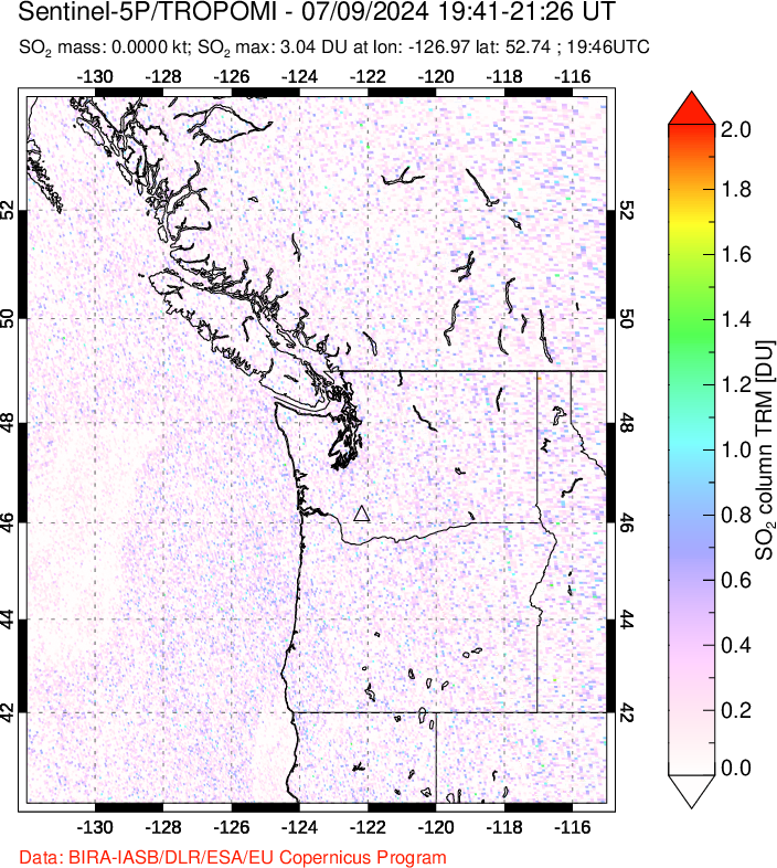 A sulfur dioxide image over Cascade Range, USA on Jul 09, 2024.