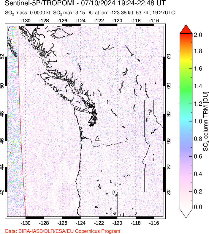 A sulfur dioxide image over Cascade Range, USA on Jul 10, 2024.