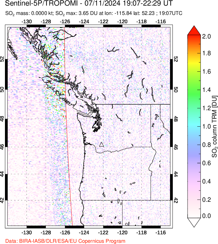 A sulfur dioxide image over Cascade Range, USA on Jul 11, 2024.