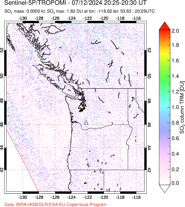 A sulfur dioxide image over Cascade Range, USA on Jul 12, 2024.