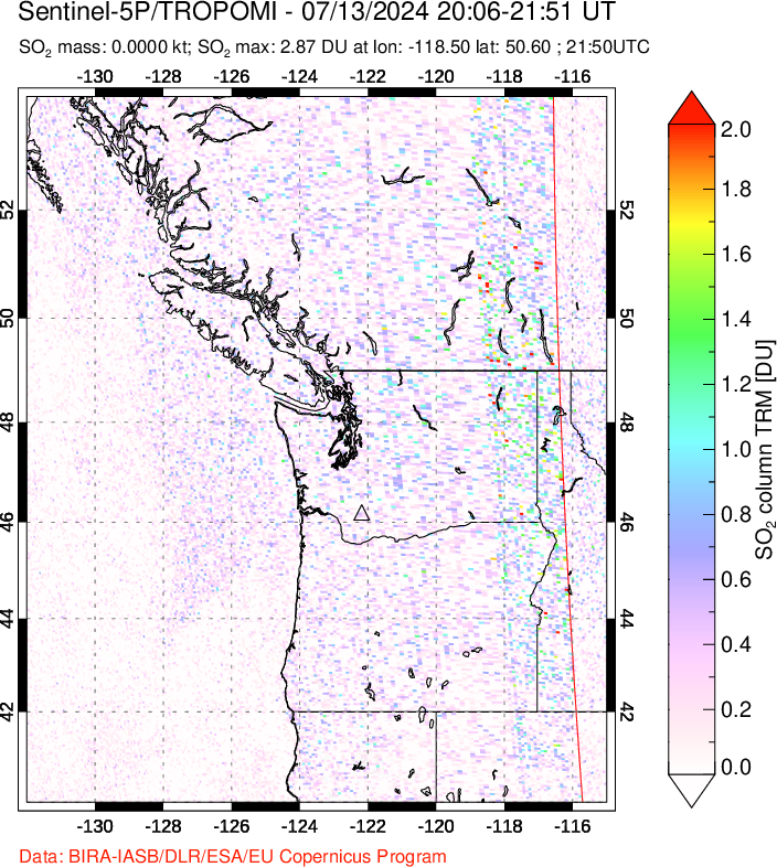 A sulfur dioxide image over Cascade Range, USA on Jul 13, 2024.