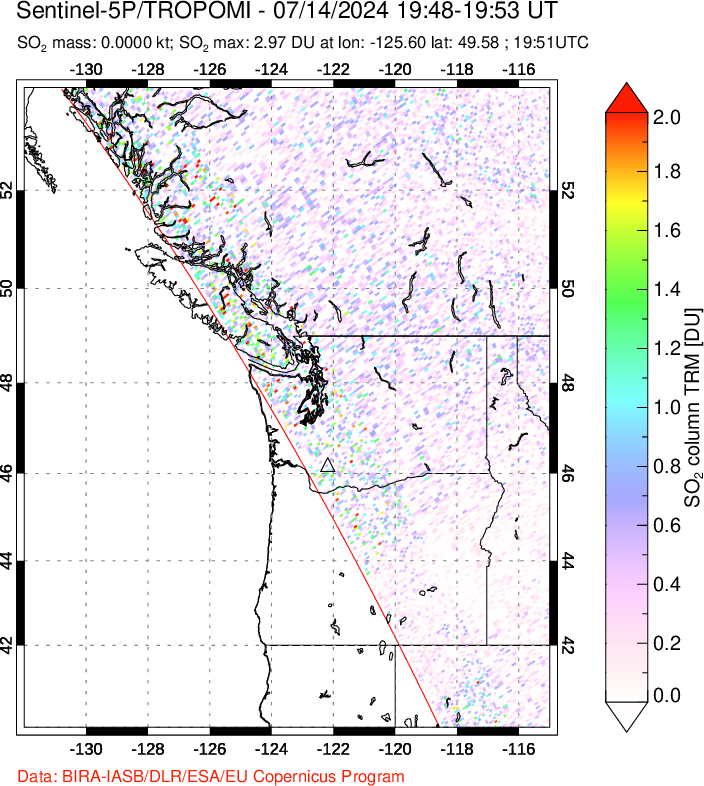 A sulfur dioxide image over Cascade Range, USA on Jul 14, 2024.