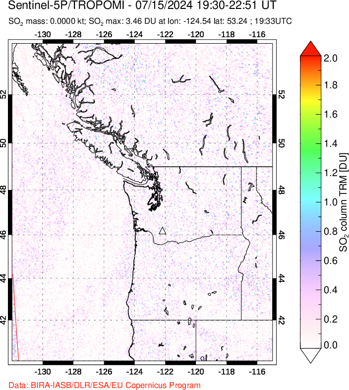 A sulfur dioxide image over Cascade Range, USA on Jul 15, 2024.