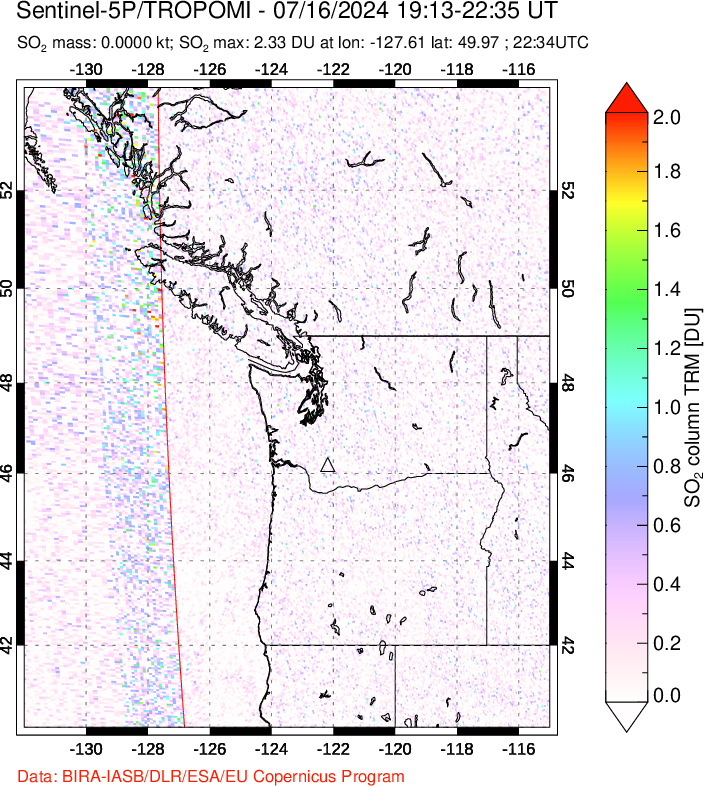 A sulfur dioxide image over Cascade Range, USA on Jul 16, 2024.