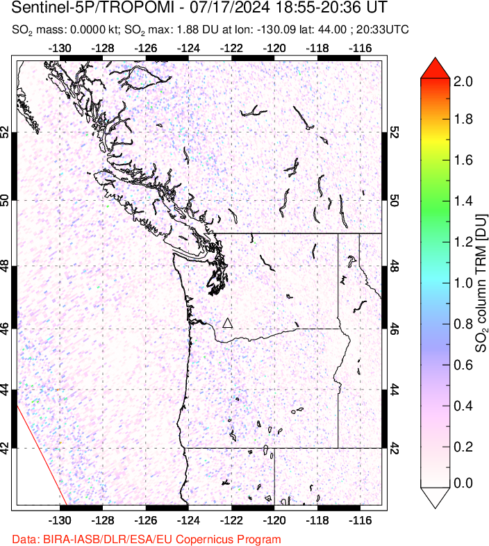 A sulfur dioxide image over Cascade Range, USA on Jul 17, 2024.