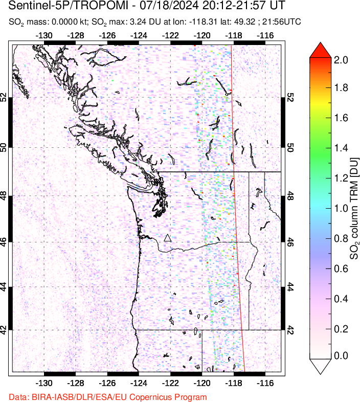 A sulfur dioxide image over Cascade Range, USA on Jul 18, 2024.