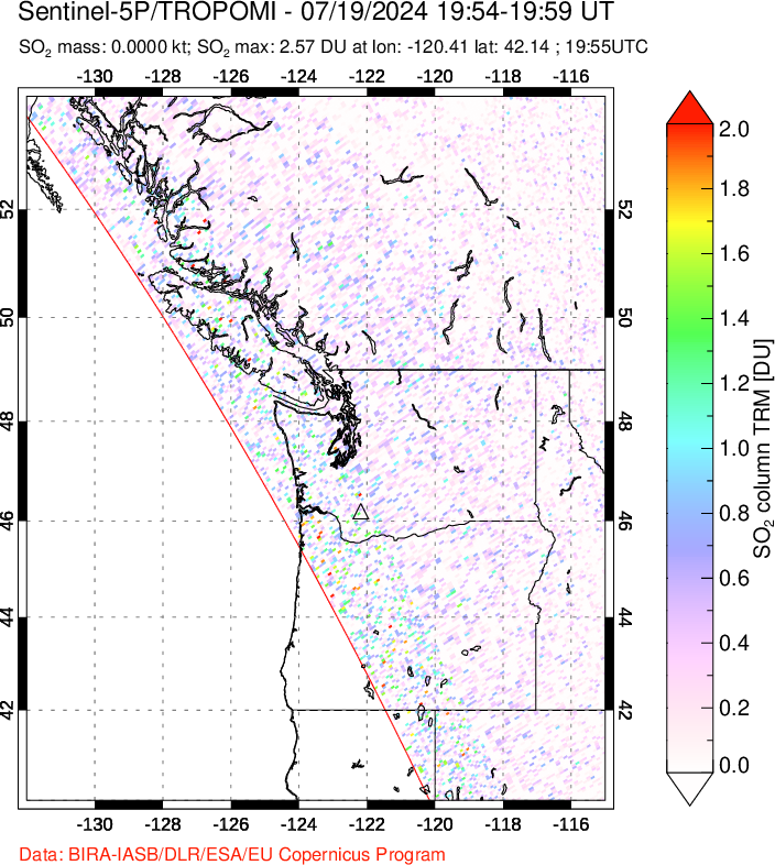 A sulfur dioxide image over Cascade Range, USA on Jul 19, 2024.