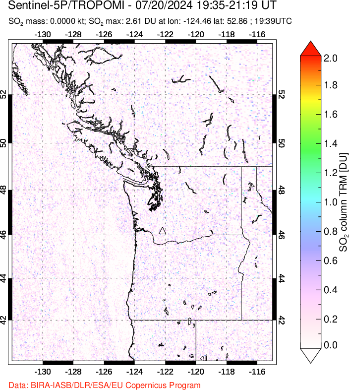 A sulfur dioxide image over Cascade Range, USA on Jul 20, 2024.