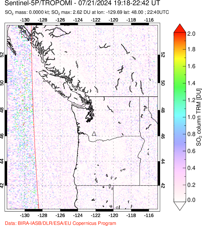 A sulfur dioxide image over Cascade Range, USA on Jul 21, 2024.