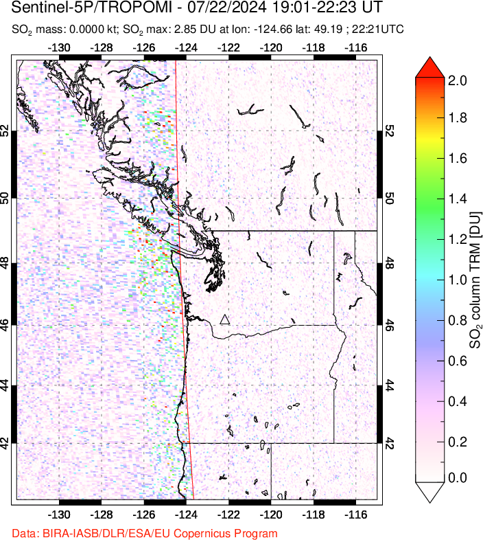 A sulfur dioxide image over Cascade Range, USA on Jul 22, 2024.