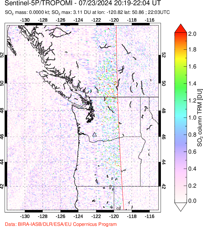 A sulfur dioxide image over Cascade Range, USA on Jul 23, 2024.