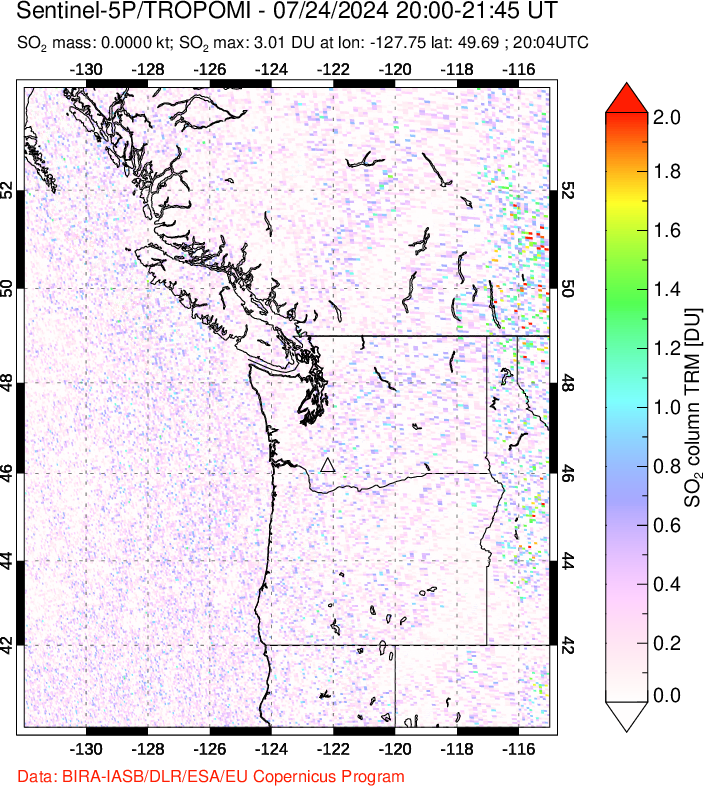 A sulfur dioxide image over Cascade Range, USA on Jul 24, 2024.