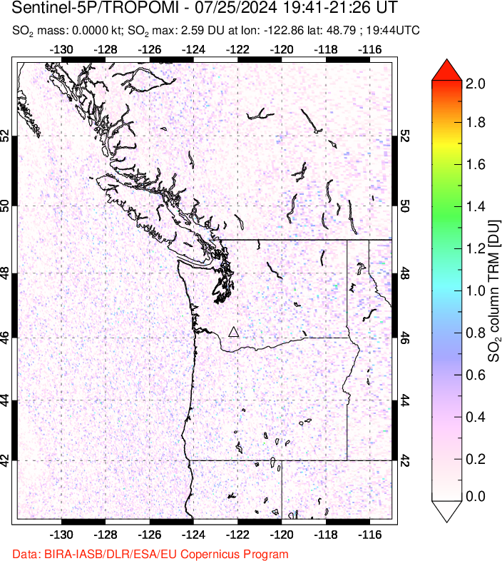 A sulfur dioxide image over Cascade Range, USA on Jul 25, 2024.