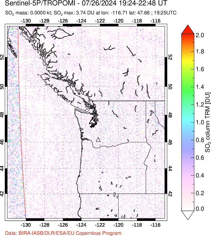 A sulfur dioxide image over Cascade Range, USA on Jul 26, 2024.