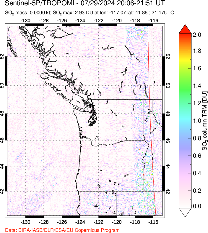 A sulfur dioxide image over Cascade Range, USA on Jul 29, 2024.