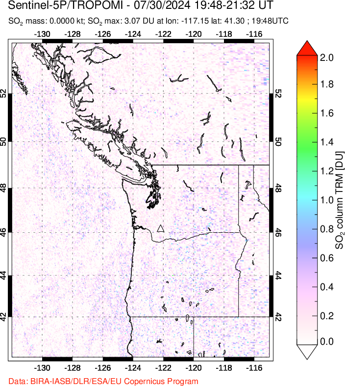 A sulfur dioxide image over Cascade Range, USA on Jul 30, 2024.