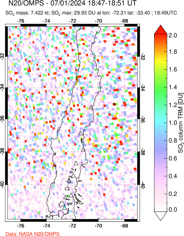 A sulfur dioxide image over Central Chile on Jul 01, 2024.