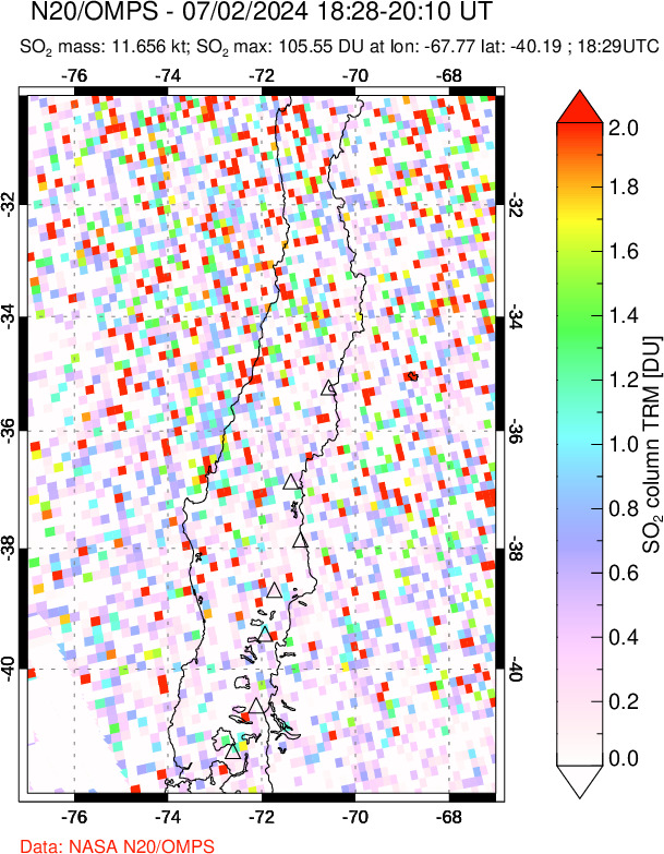 A sulfur dioxide image over Central Chile on Jul 02, 2024.