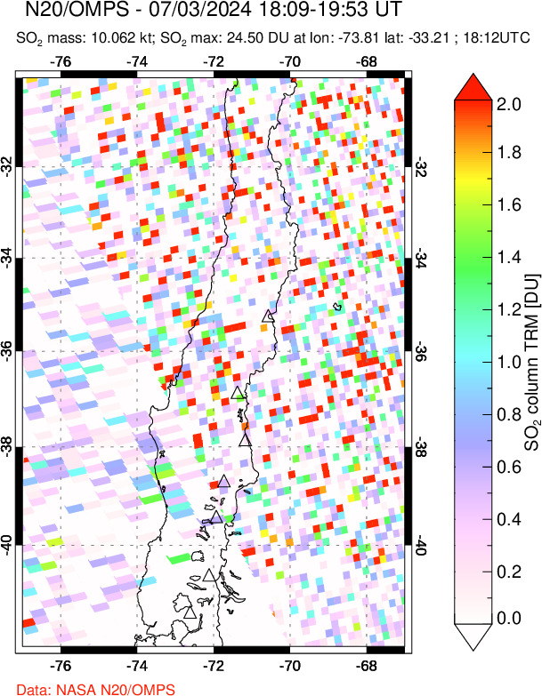 A sulfur dioxide image over Central Chile on Jul 03, 2024.