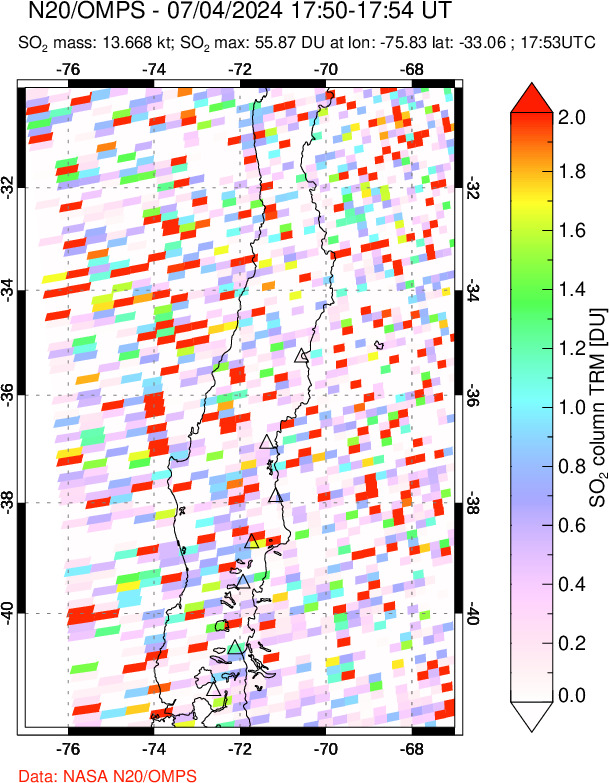 A sulfur dioxide image over Central Chile on Jul 04, 2024.