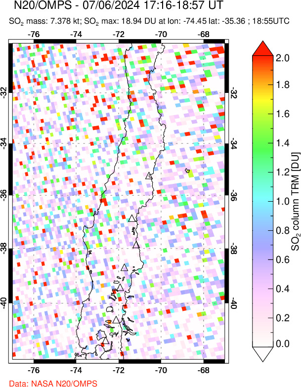 A sulfur dioxide image over Central Chile on Jul 06, 2024.