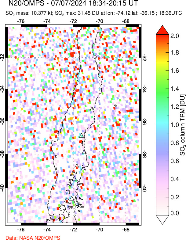 A sulfur dioxide image over Central Chile on Jul 07, 2024.