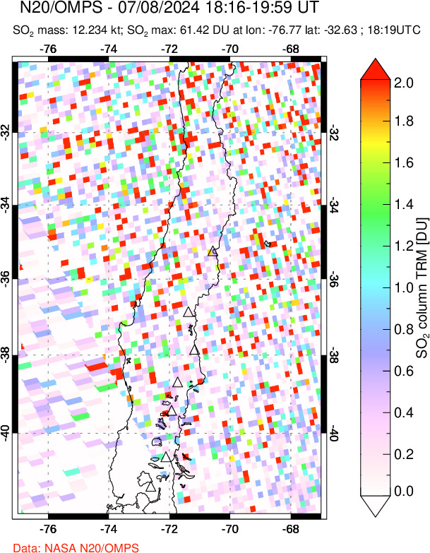 A sulfur dioxide image over Central Chile on Jul 08, 2024.